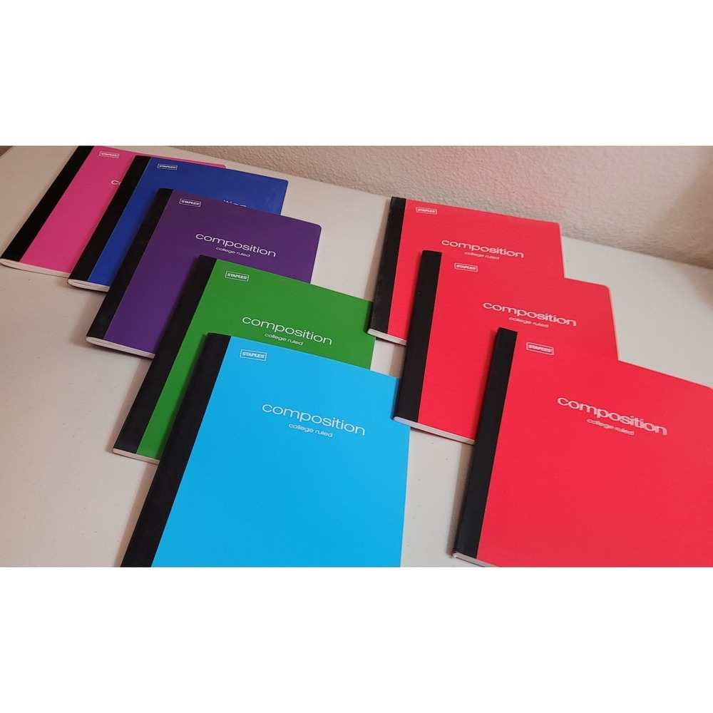 8 Staples Soft composition college ruled notebooks. 6 colors. 70 Pages.